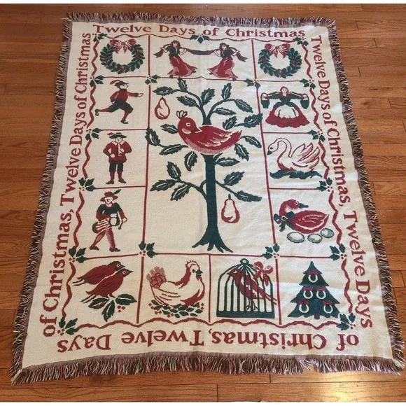 Vintage Twelve‎ Days Of Christmas Afghan 61x50 Tan Red
