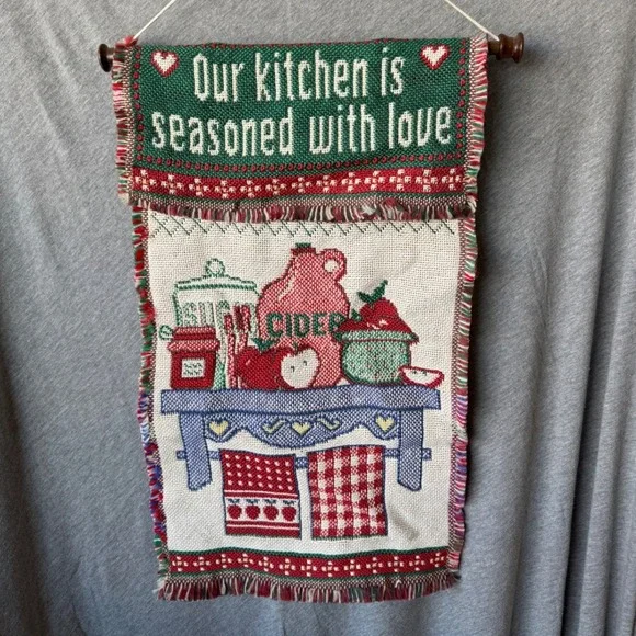 Vintage Woven Kitchen Tapestry Wall Hanging Cottagecore Grandmacore Kitsch Cozy