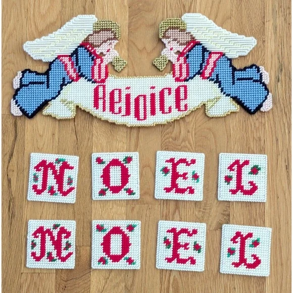 Vtg Angel Plastic Canvas Yarn Wall Hanging Decor Christmas REJOICE Banner NOEL