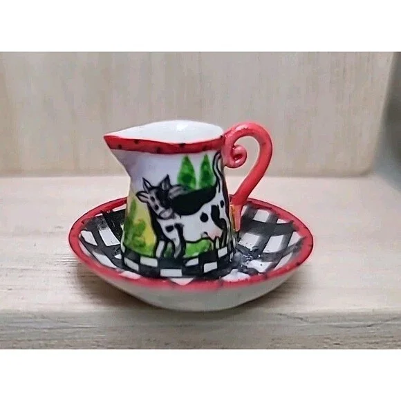 Vintage Miniature Cow Pitcher & Bowl Farmhouse Black White Checkered