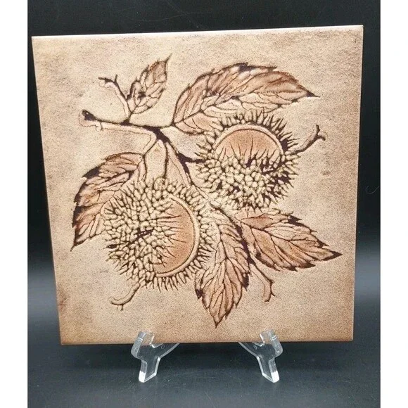Vtg Sassuolo Tile MCM Brown Chestnuts Leaves Branch Made In Italy 8