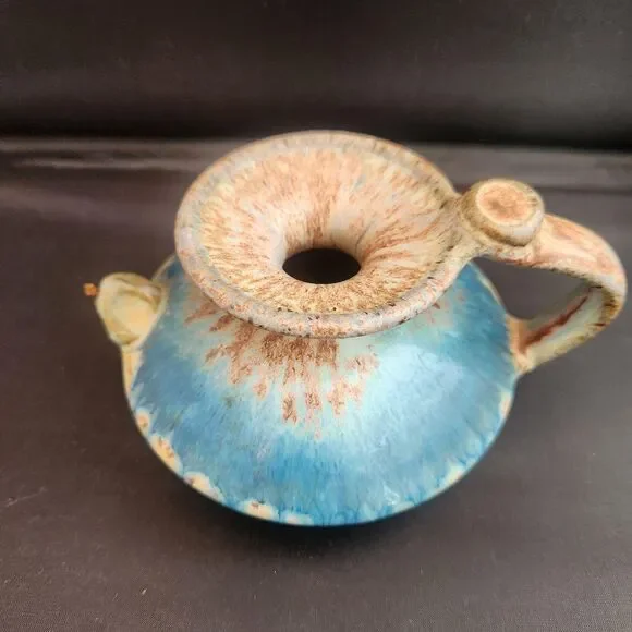 Single Double Wick Studio Pottery Oil Lamp Blue Drip Glaze OOAK Genie Signed VTG