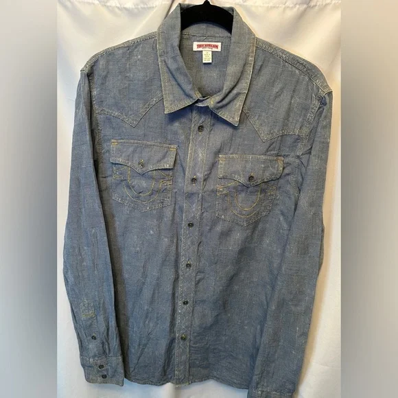 True Religion Size Large Checkerboard Chambray Blue Long Sleeve Western Shirt‎