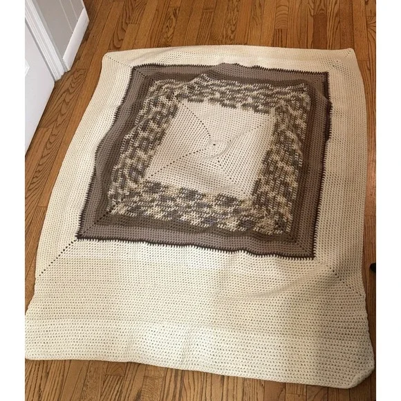 Handmade Crocheted Afghan Throw Blanket Browns‎ Gray Off-White Approx 56