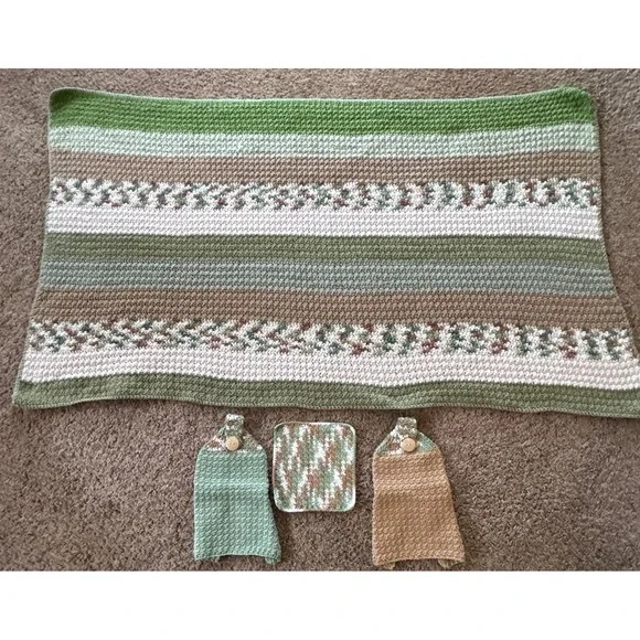 Crochet Afghan Blanket Throw Lap‎ Homemade Colorful Stripe 33x58.5 & Dish Towels