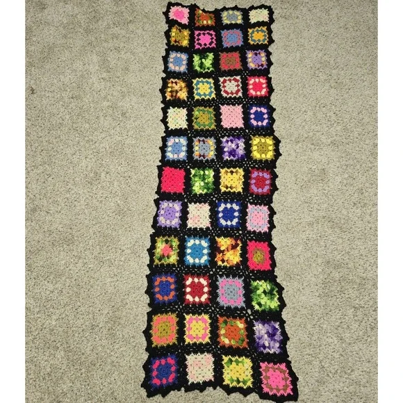 Crochet‎ Granny Square Black Multicolor Afghan Roseanne Throw Runner 60