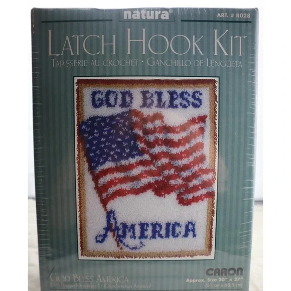 1990s Vtg Caron Latch Hook Kit R028 God Bless America Flag 20x27 Americana craft
