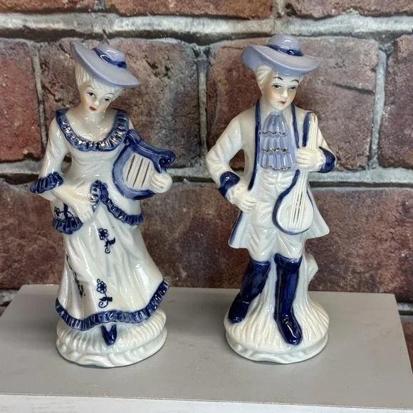 Vtg Pair Europa Bomboniere Blue White‎ Lady w Harp / Man w Mandolin Figurines