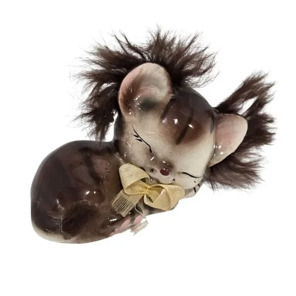 Mid Century Ceramic Cat Figurine With Furry ears and Tail 4