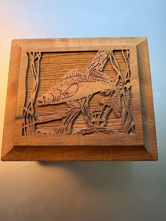 Myrtlewood Music Box Trout Carving Swiss Movement “Raindrops Keep Fallin’”