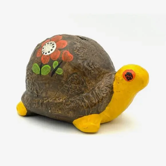 Vintage Ceramic Turtle Coin Bank 1970s Hippie Boho Flowers READ