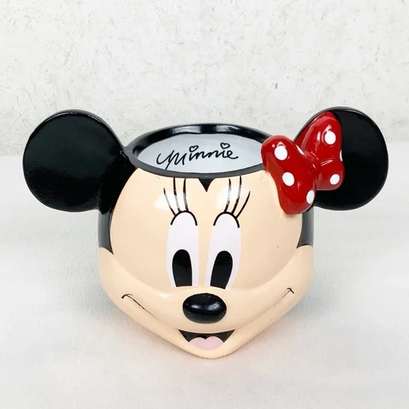 Minnie Mouse Head Planter Flower Pot Ceramic Candy Dish Red Polka Dot Bow