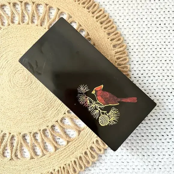 Vintage Couroc of Monteray Lacquerware Black MCM Cardinal Pine Bough Trinket Box
