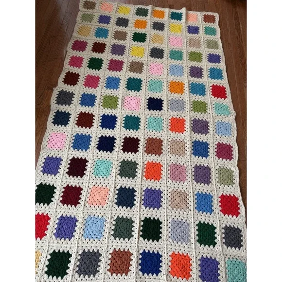 Vintage Large 52x93 Handmade Granny Square Afghan Multi Colorful Throw Blanket