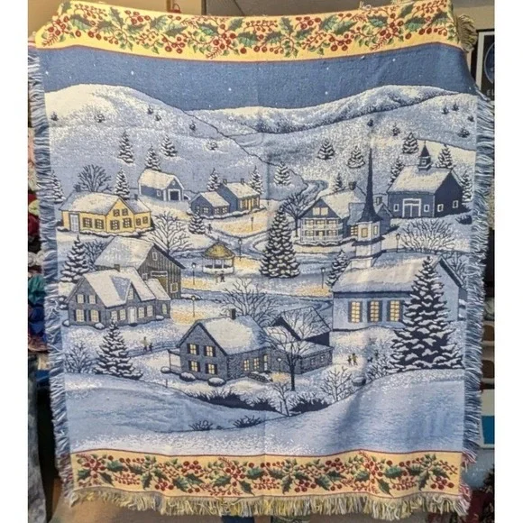 Vintage Winter Village Woven Tapestry Throw Blanket Holly Berry Fringe Christmas