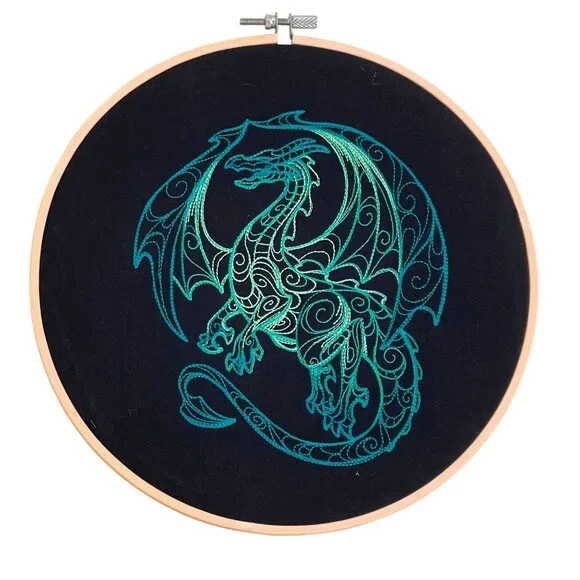 Dragon Embroidery Wall Hanging Art Teal Black in Bamboo Hoop 9.5