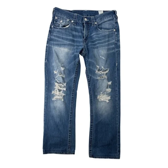 True Religion Straight Jeans Mens 34 Blue Distressed Ripped Denim Streetwear
