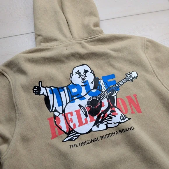 True Religion Buddha Logo Full Zip Up Hoodie Mens XL Tan Khaki Sweatshirt