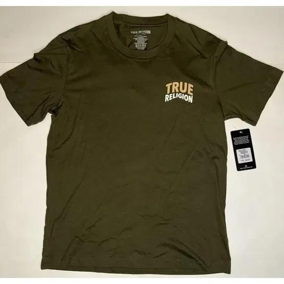 True Religion Buddha Logo Tee Mens M Green Kalamata Circular Back NWT