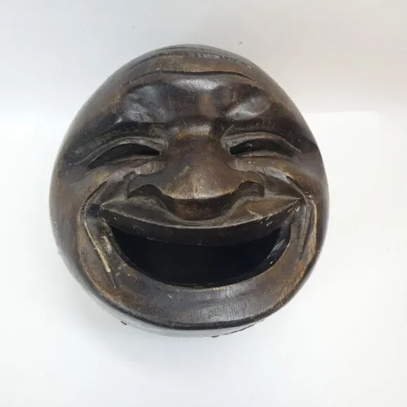 Hand Carved Wooden Face Bowl Mask Lid Vintage MCM Tribal Open Mouth