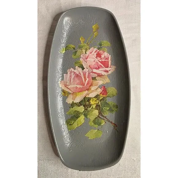 Hand Decorated Painted Silverplate Tray Applied Floral Transfer Gray Pink 8