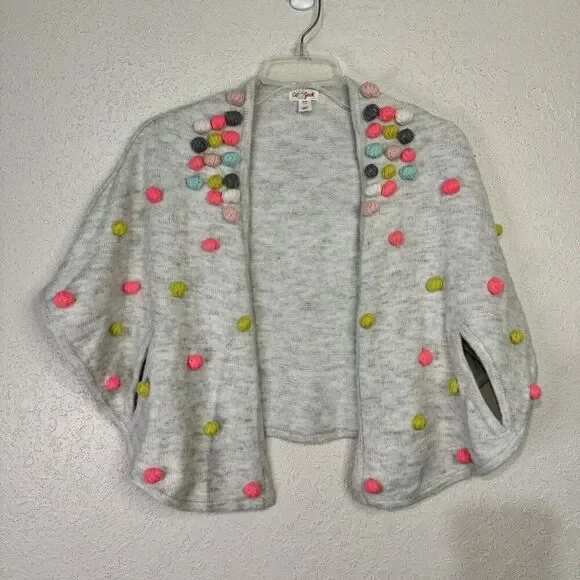 Cat & Jack Girls Kids Cape Poncho Shawl Multicolor Pom‎ Pom Design Gray Size S/M