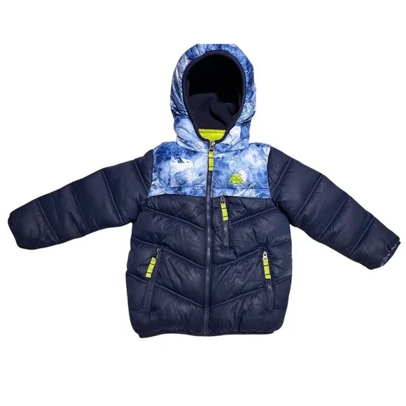 Snozu Boys Hooded Puffer Jacket Coat With fleece Lined Inner Bib Navy Lime 4T