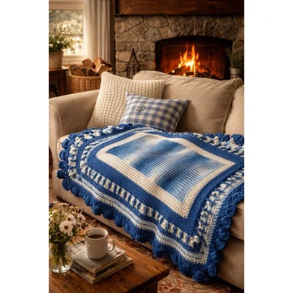 Handmade Crochet Afghan Throw Blue White Artisan Ruffle Shell Border 60 X 72
