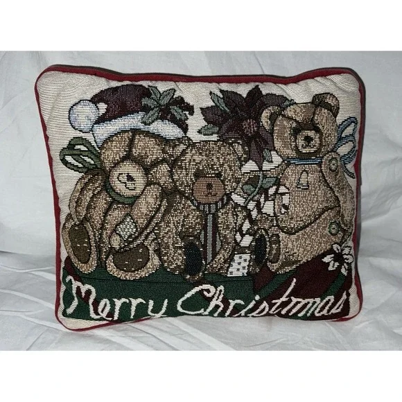 Christmas Holiday Tapestry Throw Pillow Merry Christmas Teddy Bears 12x9