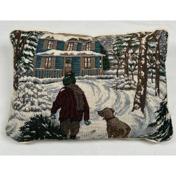 Christmas Throw Pillow Tapestry Boy Dog Tree Snow 16 x 11