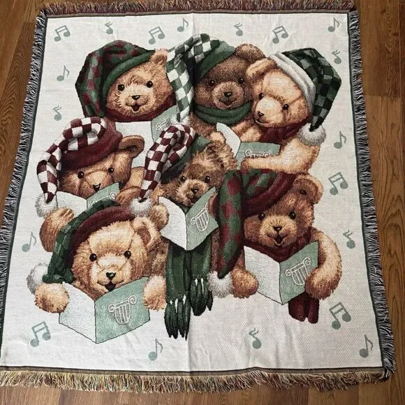American Weavers Tapestry Blanket Teddy Bear Christmas Carolers Made in USA 1997