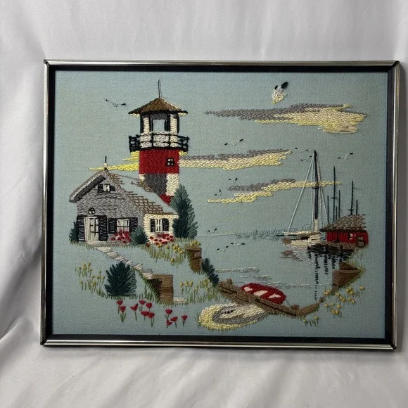 Vtg Paragon Needlecraft Crewel Embroidery Cape‎ Cod Lighthouse Framed 21x17