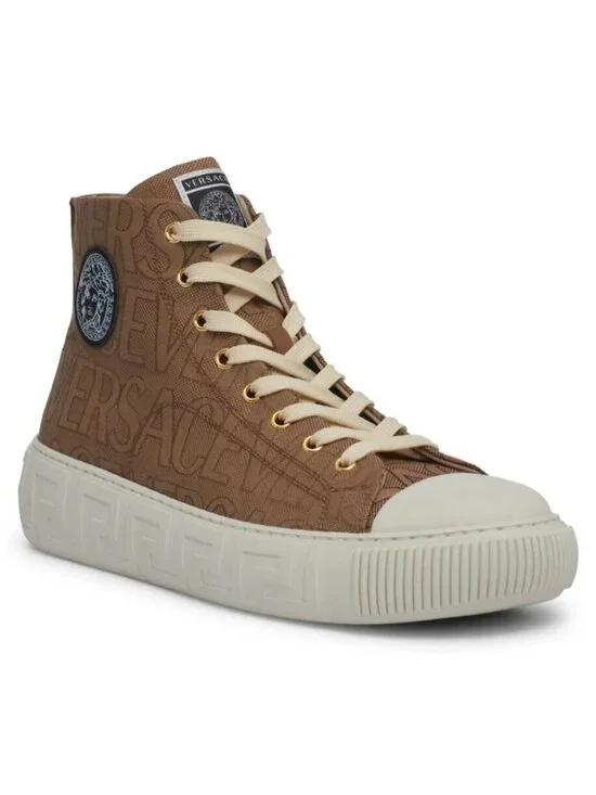Versace Men's Greca Logo Jacquard High Top Sneaker Shoes Beige Size 47 / US 14