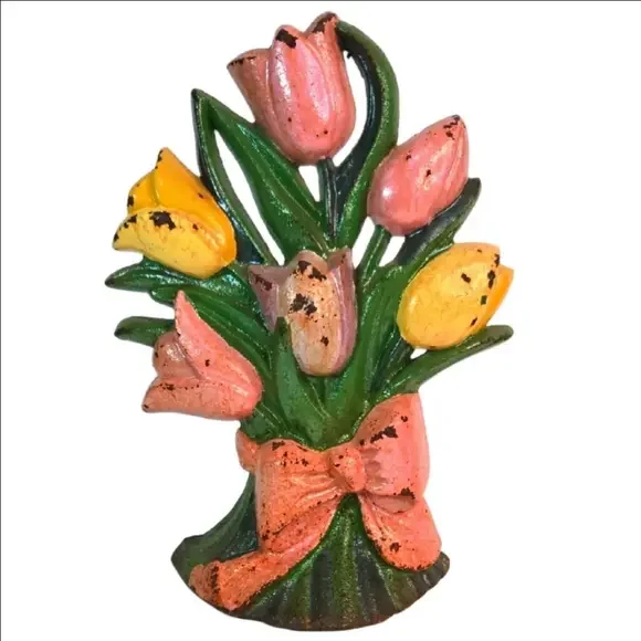 Vintage Floral Cast Iron Tulip Doorstop Shabby Chic