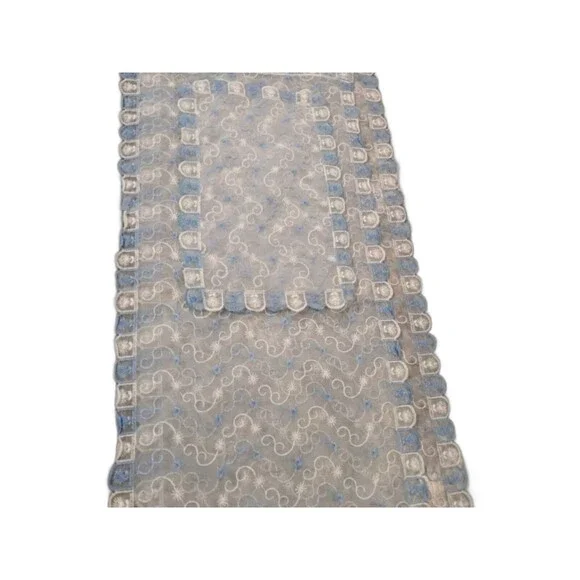 Vintage 3 Pc Dresser Scarf Set with Floral Embroidery Scroll Blue White Sheer