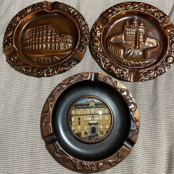 3 Souvenir Roma Vintage Embossed Copper Ashtrays