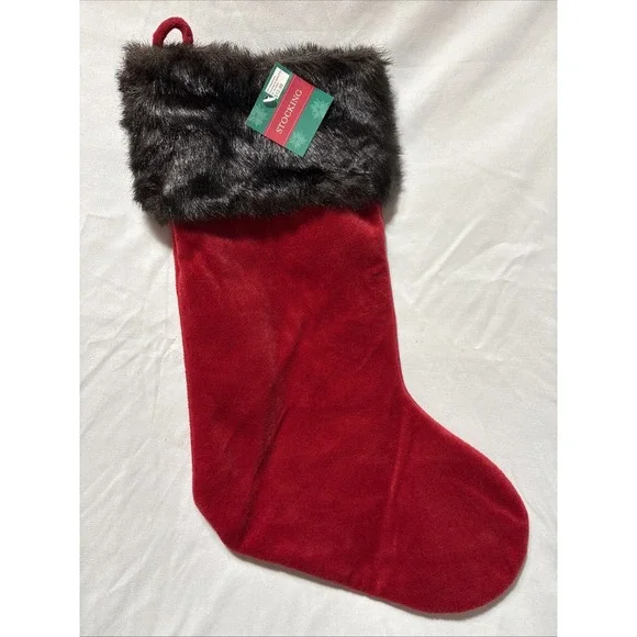 NEW RED CHRISTMAS STOCKING BROWN FAUX FUR CUFF 18