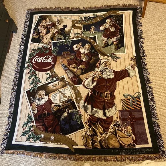 Vintage 1997 Coca Cola Santa Collage Tapestry Afghan Throw USA Made 100% Cotton