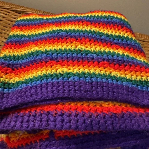 VTG Afghan‎ Lap Throw Blanket Rainbow Stripes Grandma Made Acrylic Crochet