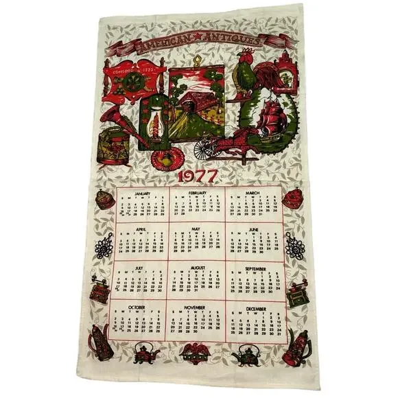 1977 Vintage Cloth Wall Calendar Beige Cottagecore Folk Art