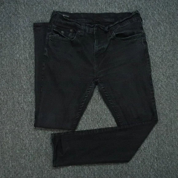 True Religion Jeans Men 38x33 Black Rocco Relaxed Skinny 5 Pocket Flaps
