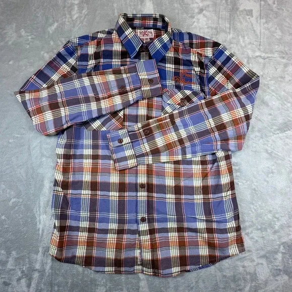 True Religion Service Co Flannel Shirt XL Blue Plaid Back Graphic Embroidered