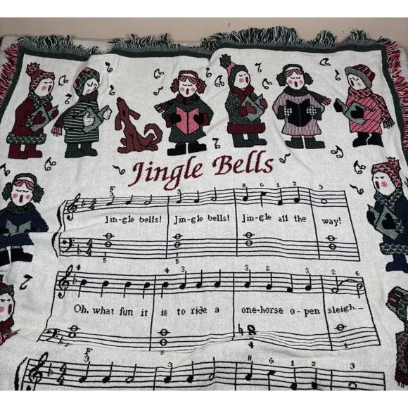 Vtg Jingle Bells Christmas Carolers Tapestry Throw Musical Notes Blanket