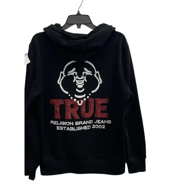 True Religion Mens Black Buddha Logo Zip Up Hoodie Sweatshirt Size Medium