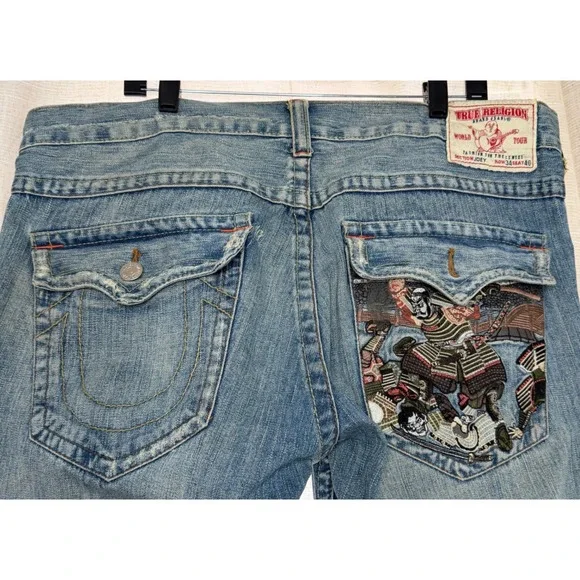 Y2K Vintage True Religion Joey Samurai Graphic Jeans Blue Distressed Mens 40x30