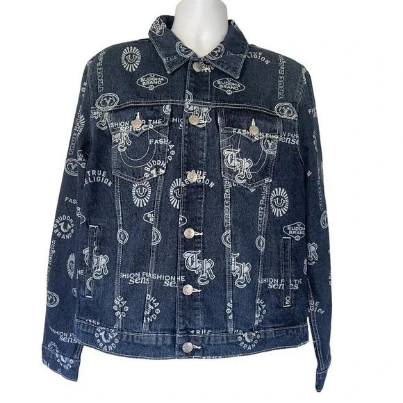 True Religion AOP‎ Logo Denim Trucker Jacket Blue Jean 700703 Mens L NWT