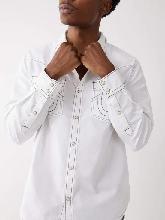 True Religion Big T Western Pearl Snap Shirt White Contrast Stitch 3XL