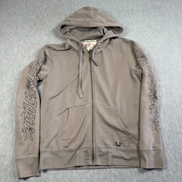 True Religion Hoodie Mens L Gray Full Zip Graphic Sleeve World Tour Buddha Y2K