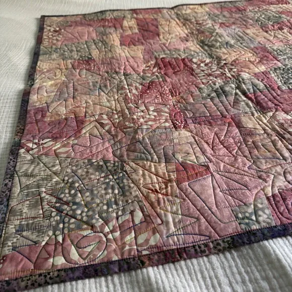 Handmade Batik Patchwork Quilt 32x31 Pink Purple Boho Wall Hanging Art