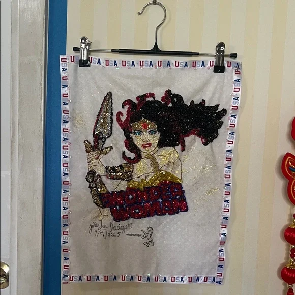 Unframed fabric art Hanging “17 X 13” Big Fan Of Wonder Woman. Free Shipping